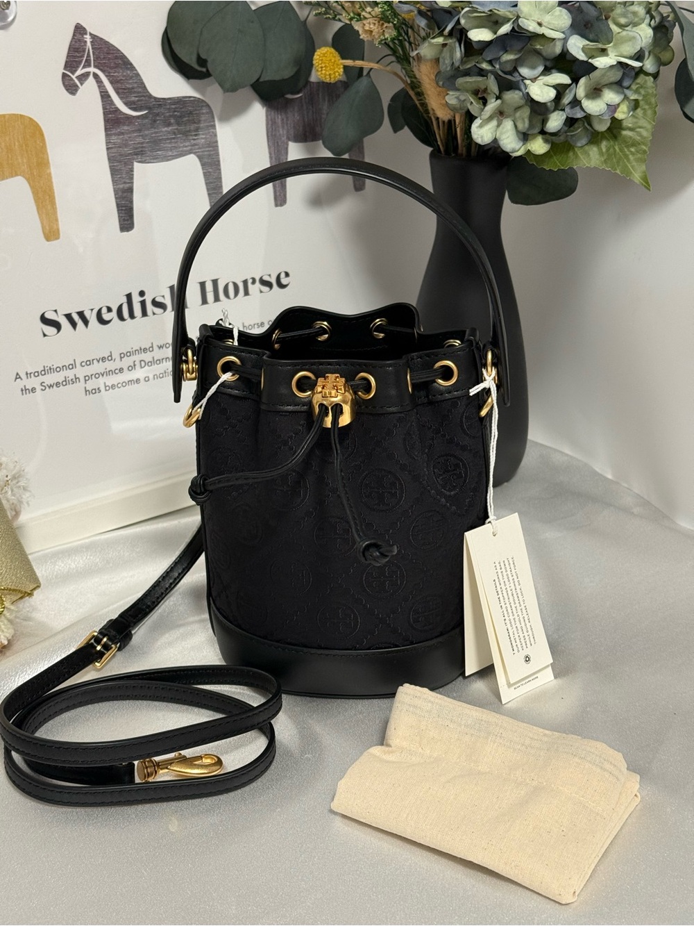 Tory Burch T Monogram Mini Bucket Bag, Black Canvas/Leather, New With Tag
